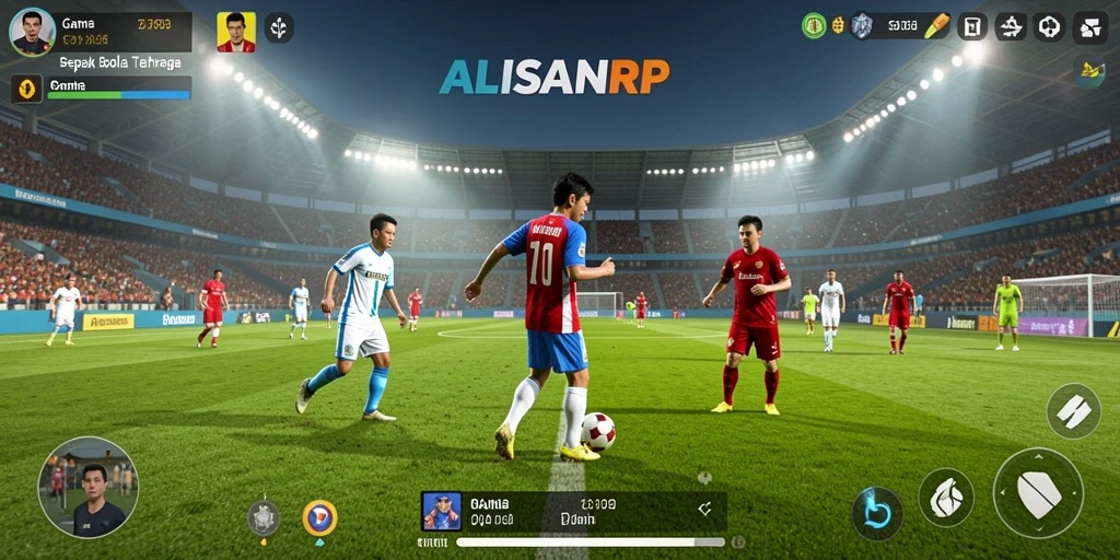 Screenshot gameplay ALISANRP yang menampilkan aksi seru di lapangan sepak bola.